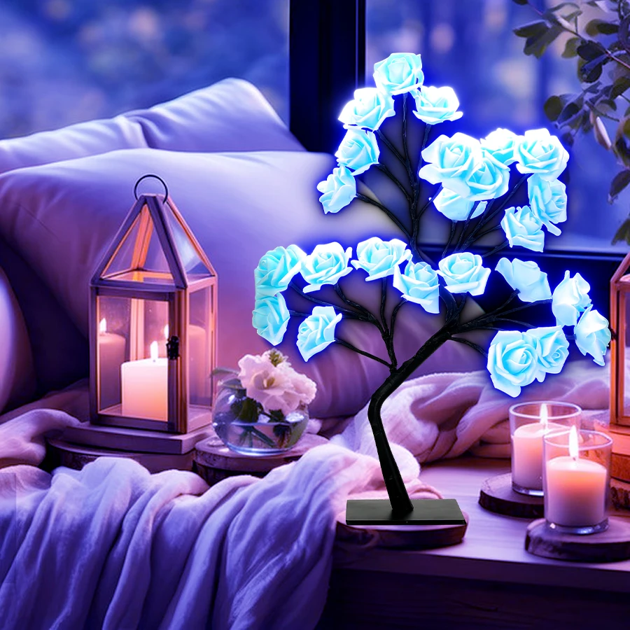 LED Rose Tree Desk Lamp USB Powered Artificial Flower Night Light Bedroom Living Room Party Wedding Valentine\'s Day Decoration