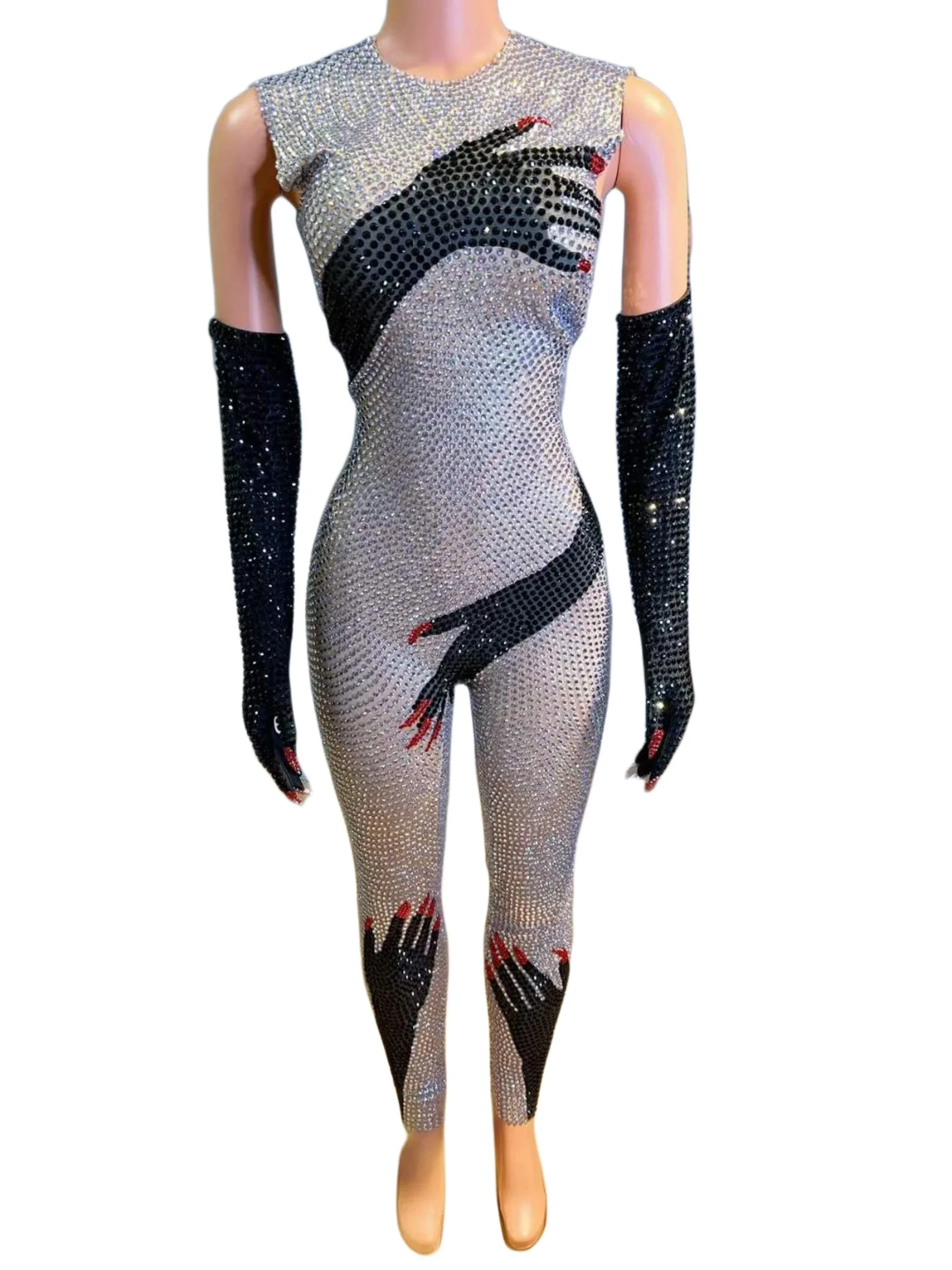 

Full Rhinestone Sparkly Women Jumpsuits Singer Stage Wear Drag Queen Outfit Birthday Party Costume Futuristic Gloves Bodysuits