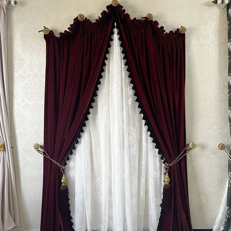 Vintage Dome Dark Red Velvet Drape Solid Full Blackout Thick Soft Curtain For American Home Decor