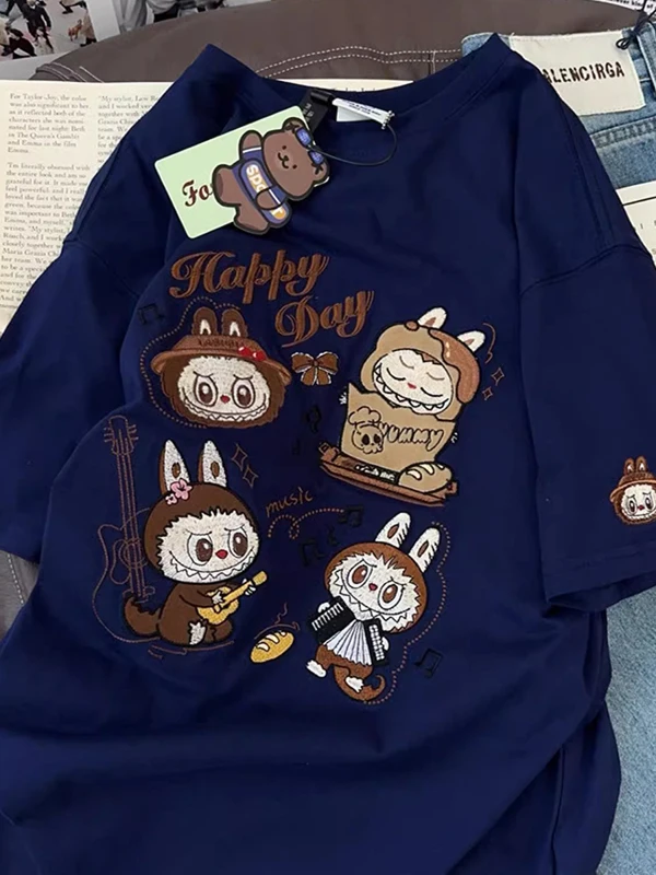 Summer New Cartoon Print Cotton ort Sve T-irt ex Loose Fit Comfortable Breathable Casual Top for Men And Women