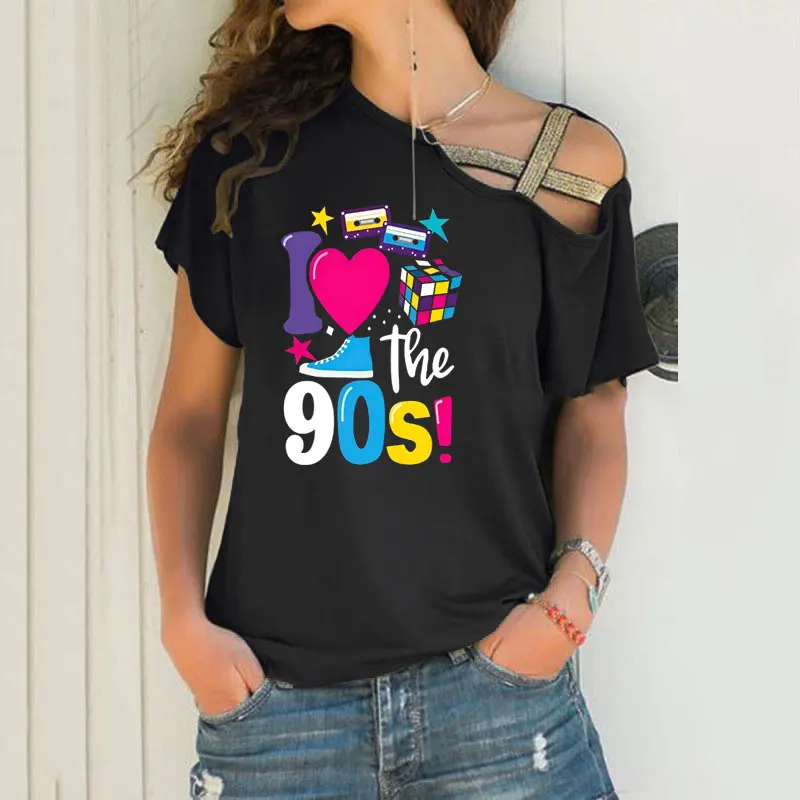 

90S T Shirt for Women Party Funny Vintage T Shirts Best Gift Tops & Tees Casual Irregular Skew Cross Bandage Tops Women Clothing