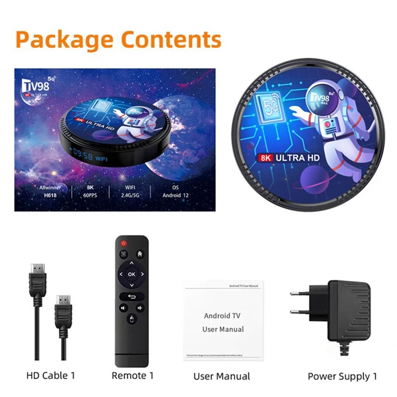 TV98MAX TV Box 4G+32G Allwinner H618 Android 12 Smart TV Box 2.4G+5G WIFI+Blutooth5.0 H265 TV98 Media Player EU Plug