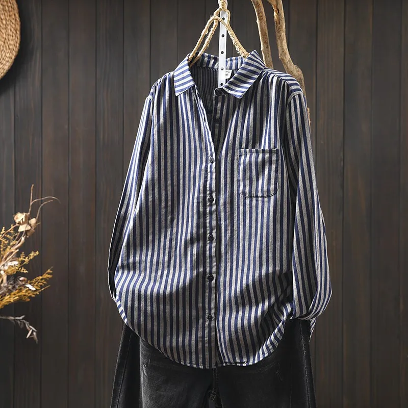 Autumn women\'s clothing 100% cotton yarn striped shirts and blouses for women Japan style casual vintage long sleeve tops