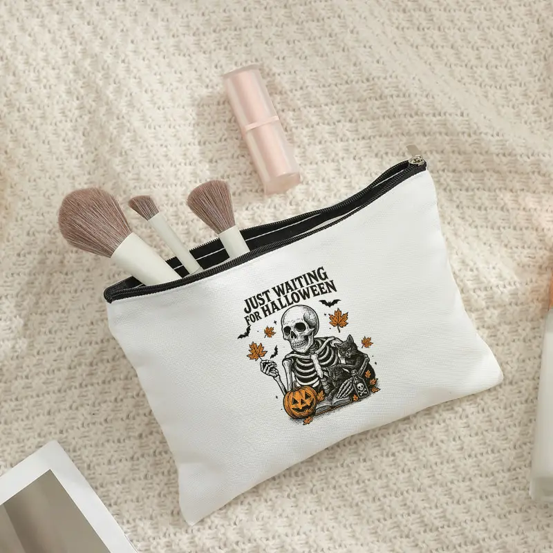 Just Waiting for Halloween Skeleton Canvas Cosmetic Bag Skull Pumpkin Print Pouch Portable Makeup Storage Bag Holiday Gift