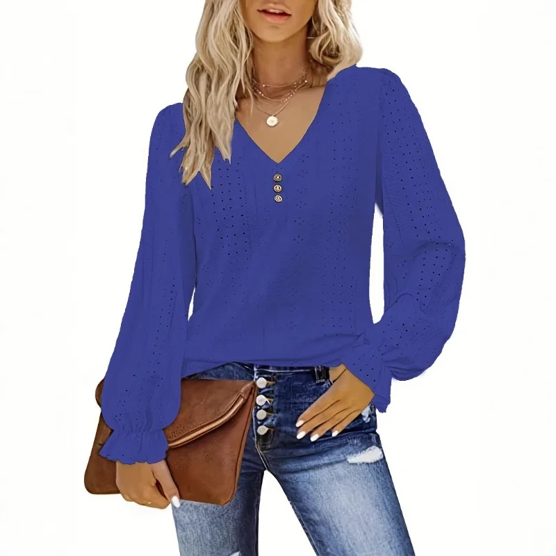 

Женская блузка с длинным рукавом, люверсами и вышивкой, v-образным вырезом, пышными рукавами, разноцветный повседневный топ