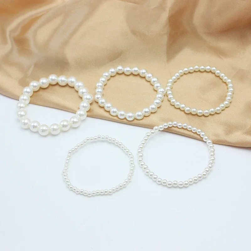 Trend 4-10mm Beige Imitation Pearl Beads Free Adjust Elastic Bracelet for Women Various Sizes Customizable Wedding Gift