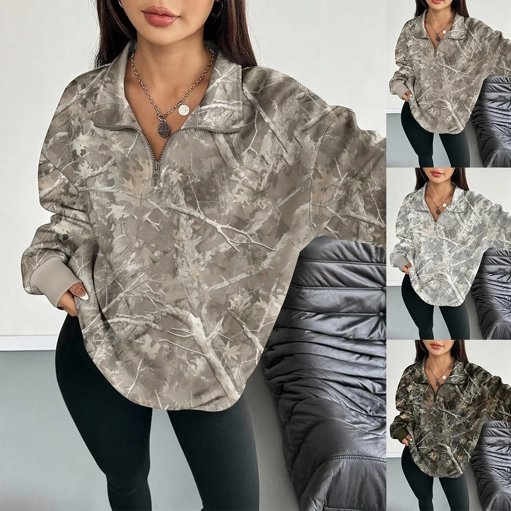 Women Camo Tree Print Half Zip Sweatshirt Lapel Collar Long Sleeve Loose Pullover Casual Streetwear Tops
