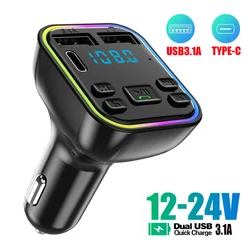 Transmissor FM para carro, jogador modulador mãos livres MP3, Bluetooth 5.0, USB duplo tipo C, carregador rápido 3.1A, luz ambiente colorida, PD, 5.0