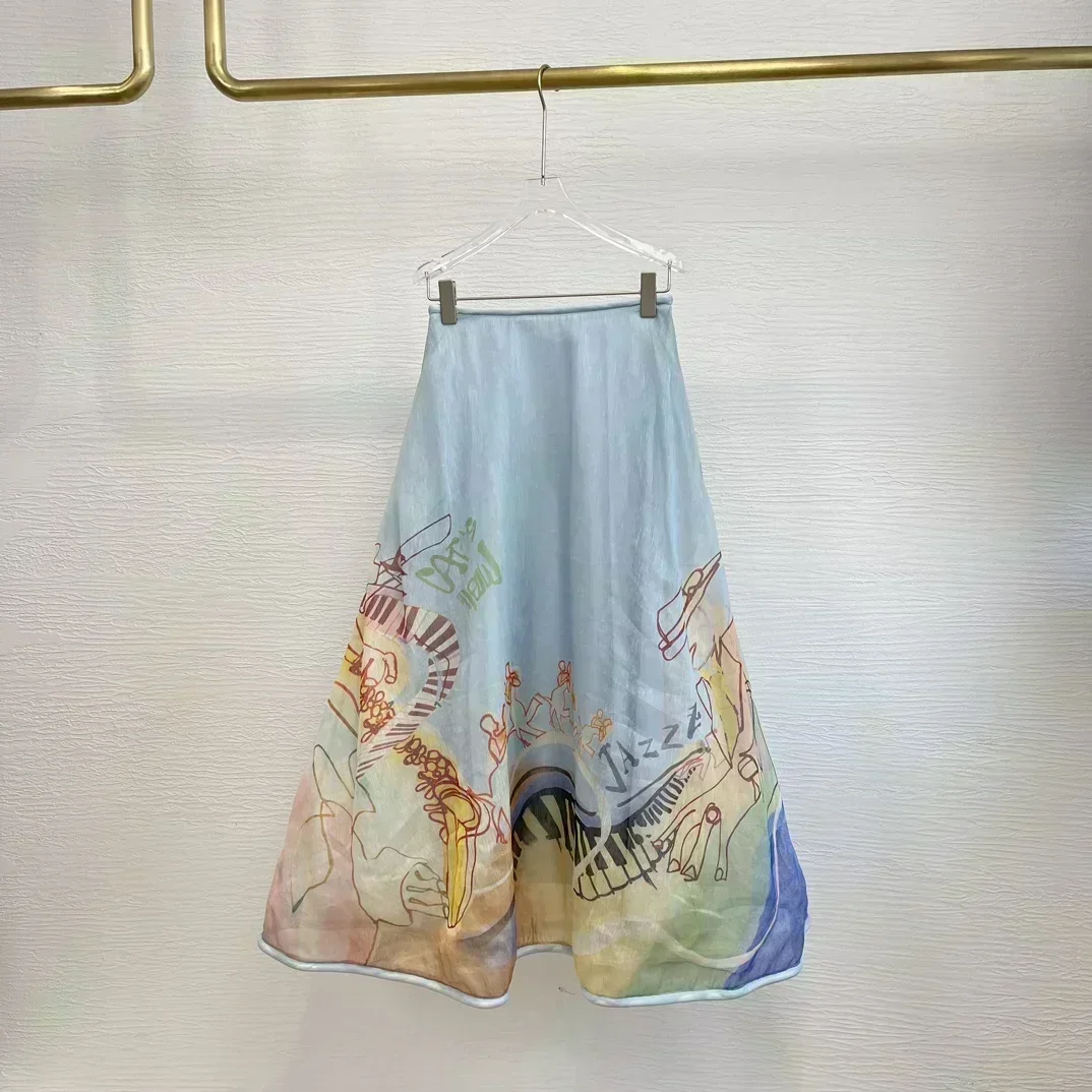 

2023 New Linen Silk Beach Style High Quality Women Fashion Top Waisted Piano Printing All Matching A-line Skirt for Holiday