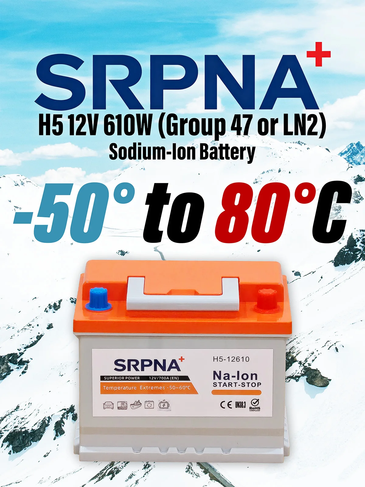 H5 (Group 47 & LN2) Sodium Ion Battery | 12V | 30Ah | 360Wh | 700A | 610W | Stable Operation from -50 to 80°C, Safe, No Fire