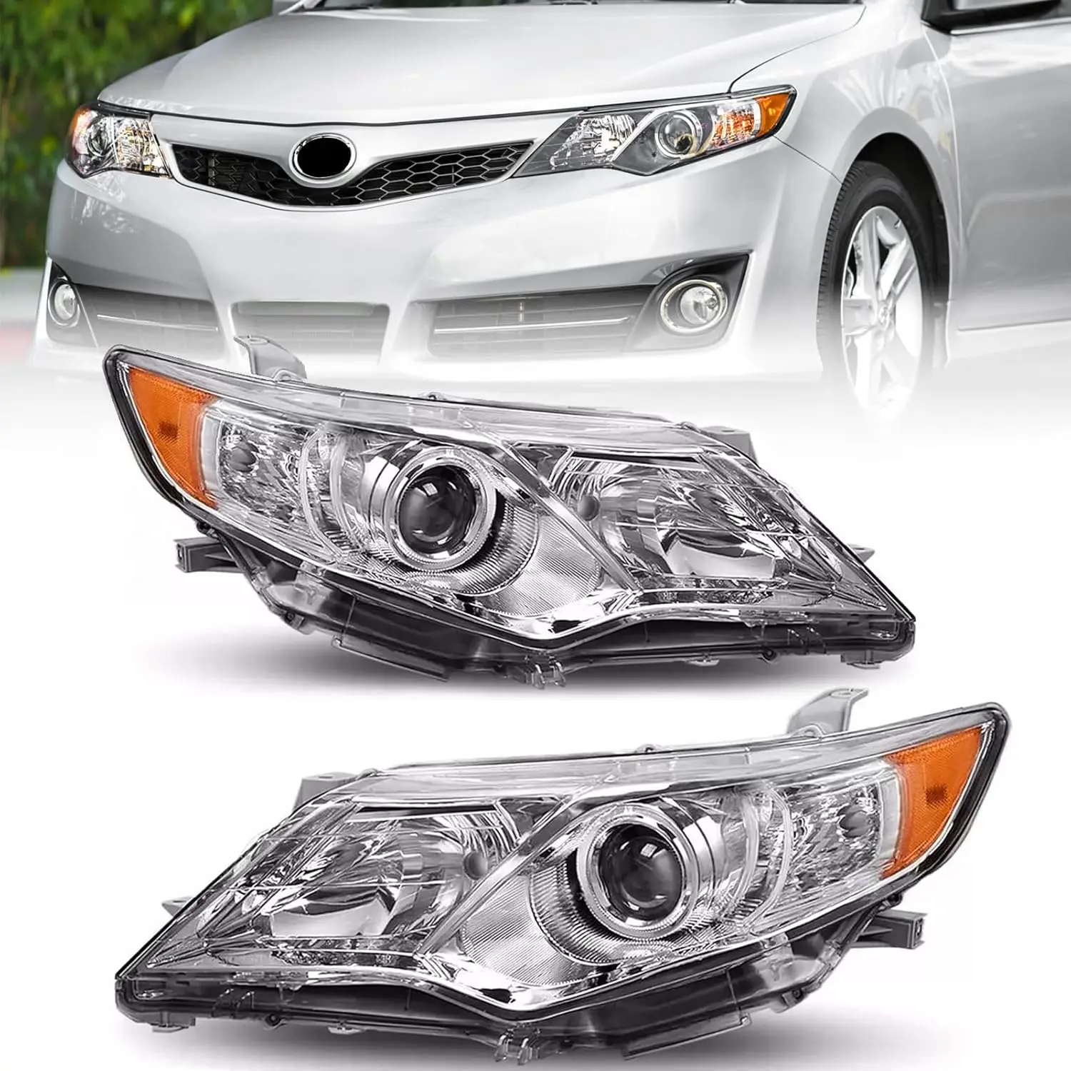 

Headlights Assembly for 2012 2013 2014 Camry Pair Headlamp Set with Chrome Housing Amber Reflector LH&RH