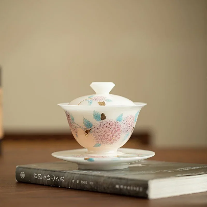 

Guochao Pu Jade Ice Suet Jade Porcelain Hydrangea Cover Bowl Sancai Cover Bowl Tea Bowl Ceramic TeaSet KungFu TeaBowl Master Cup