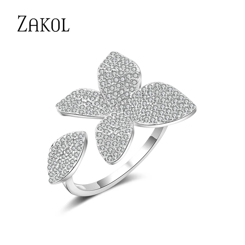 ZAKOL Trendy Micro Pave Cubic Zirconia Flower Open Rings for Women Personality Party Jewelry 2023 New