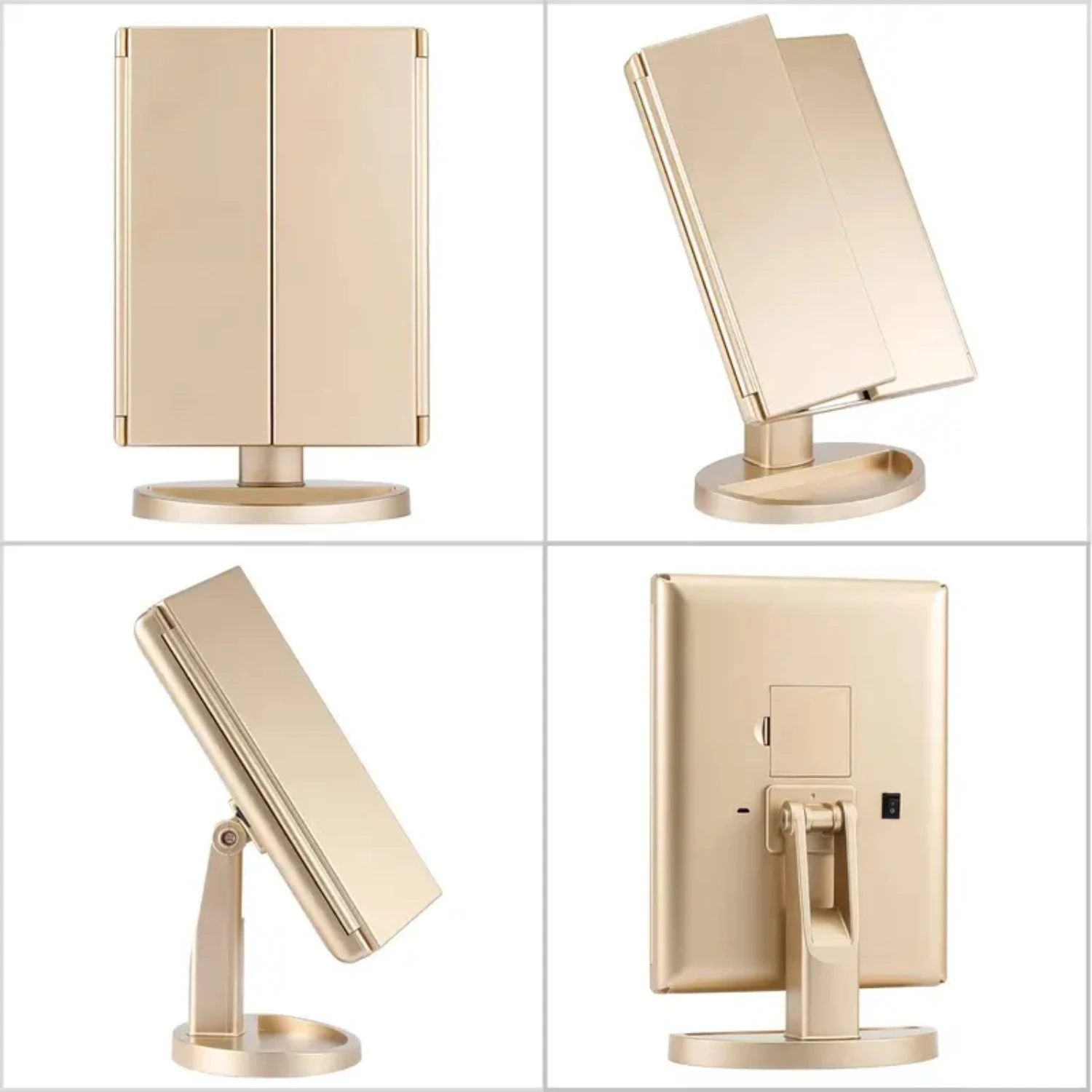 Przenośne, potrójnie składane, podświetlane lusterko do makijażu z powiększeniem 3x/2x/1x, jasnym światłem LED i łatwą w użyciu technologią ekranu dotykowego