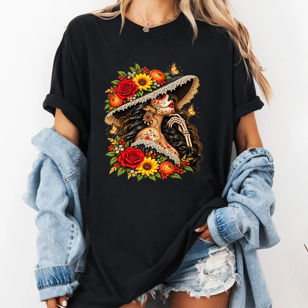 Dia De Los Muertos Shirt Day of the Dead Woman Cotton Tops Floral Skull Lady Tee Retro Mexican Folk Art Skeleton Graphic T Shirt