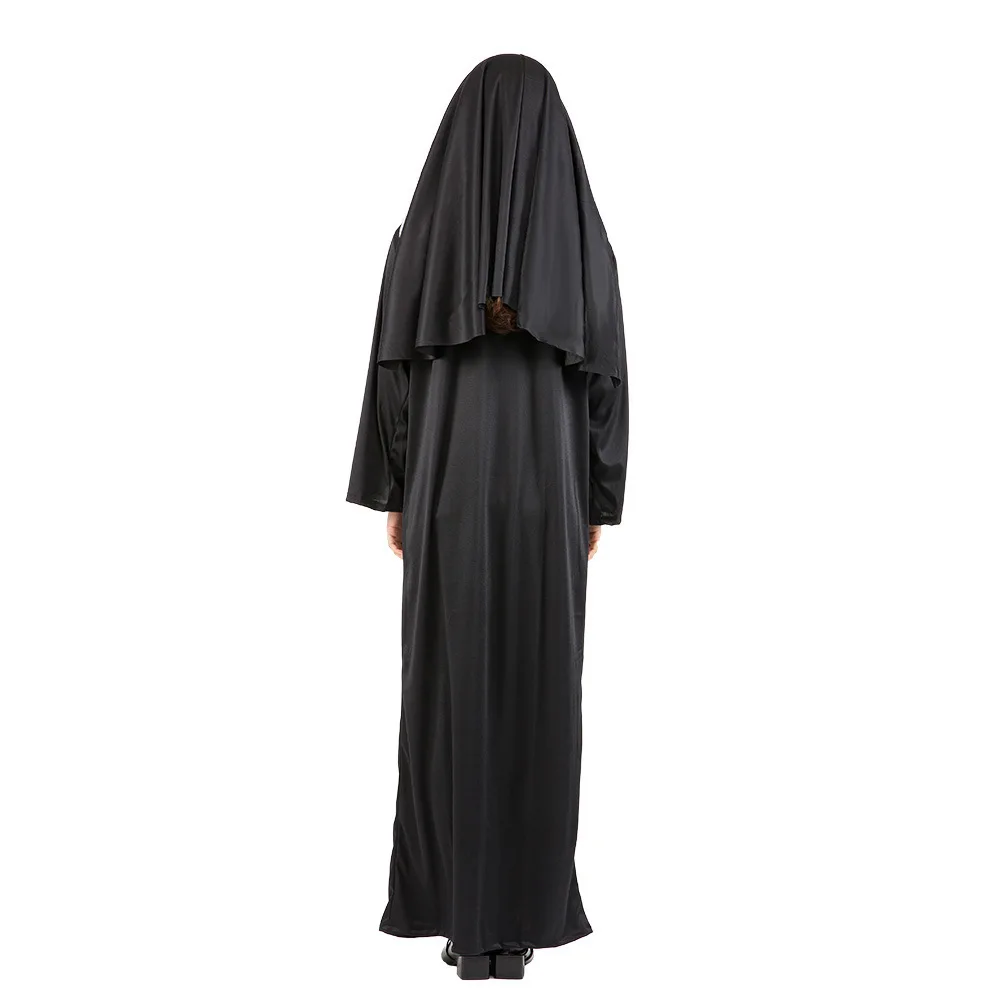 Adults Women Men Nun Virgin Mary Jesus Priest Cosplay Haloween Costumes with Cross Necklace Black Rope Outfit for Masquerade