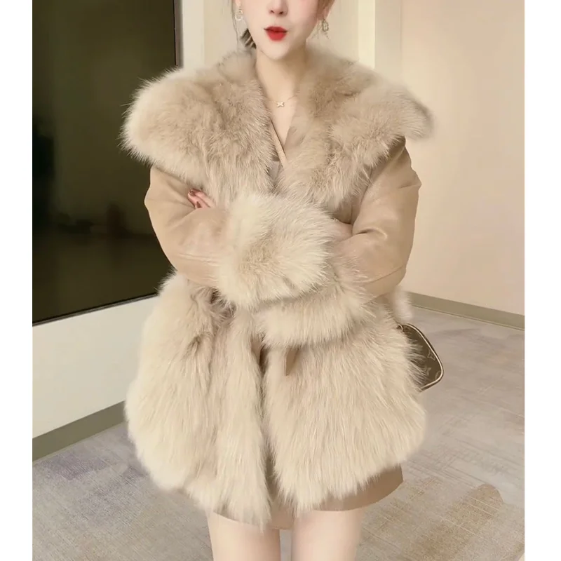 

Women's imitation fox fur large fur collar spliced fur all-in-one thickened jacket