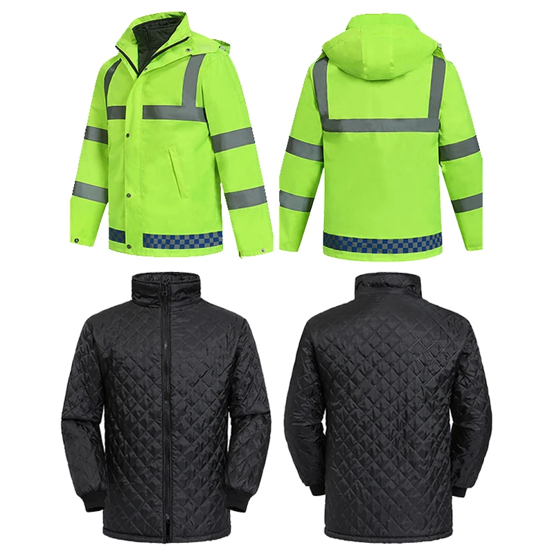 Winter Reflective Raincoat Two Piece Set With Down Inner Liner Raincoat Workwear Windproof Keep Warm Safety Jackets ﻿