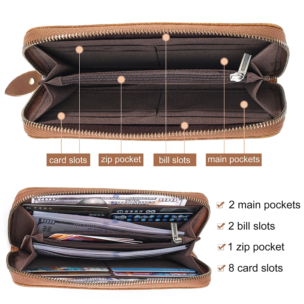 Genuine Leather Long Wallets for Men RFID Blocking Cash Credit Card Holder Checkbook Wallet Zipper Coin Pocket Purse Male