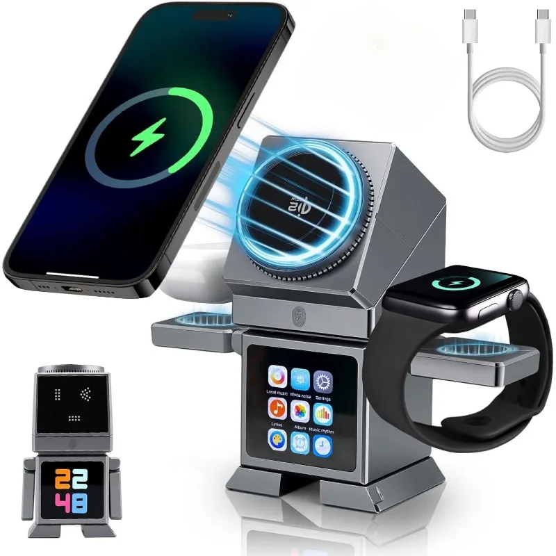 

Многофункциональная Bluetooth-колонка с охлаждающим вентилятором, беспроводная зарядка Qi2.2 25W 3-в-1, магнитная зарядка, будильник, воспроизведение музыки с TF-карты