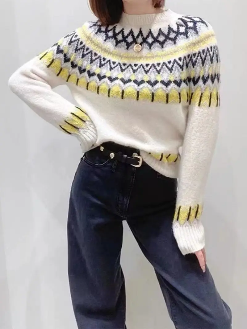 Suéter jacquard retrô feminino, gola redonda, manga comprida, pulôver de malha casual, primavera de 2021