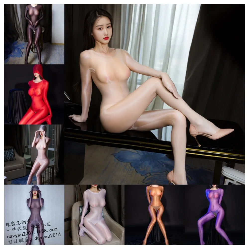 

Glossy Shiny Nylon Catsuit Hooded Encased Hand Bodystocking Open Crotch Bodysuit Tights Sexy Leotard Conjoined Body