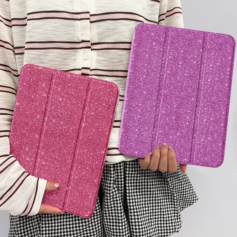 

Блестящий розовый/фиолетовый чехол/подставка для iPad Air 4/5/6/7, iPad10/11, Pro 11, mini 6/7, 10,2 дюйма Складной, с прорезью для ручки, автоматическое пробуждение/сон.