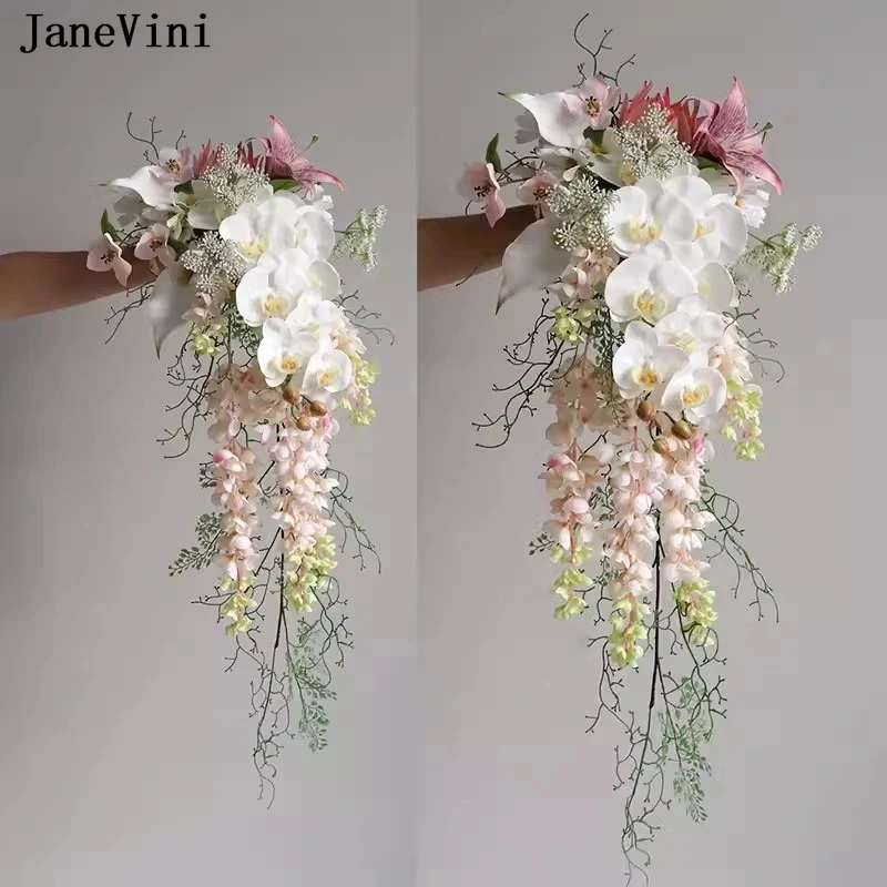 

JaneVini 2024 Pink Bouquet Flowers Weding Artificial Real Touch Waterfall Bridal Bouquets for Wedding Bride Holding Flower Boho