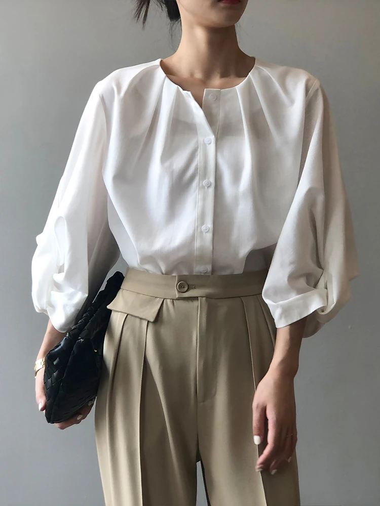 Minimalism Elegant White Shirt Single-Breasted Button Down Blouse Lantern Sleeve Luxury 3/4 Sleeve Office Ladies Quality Blouses