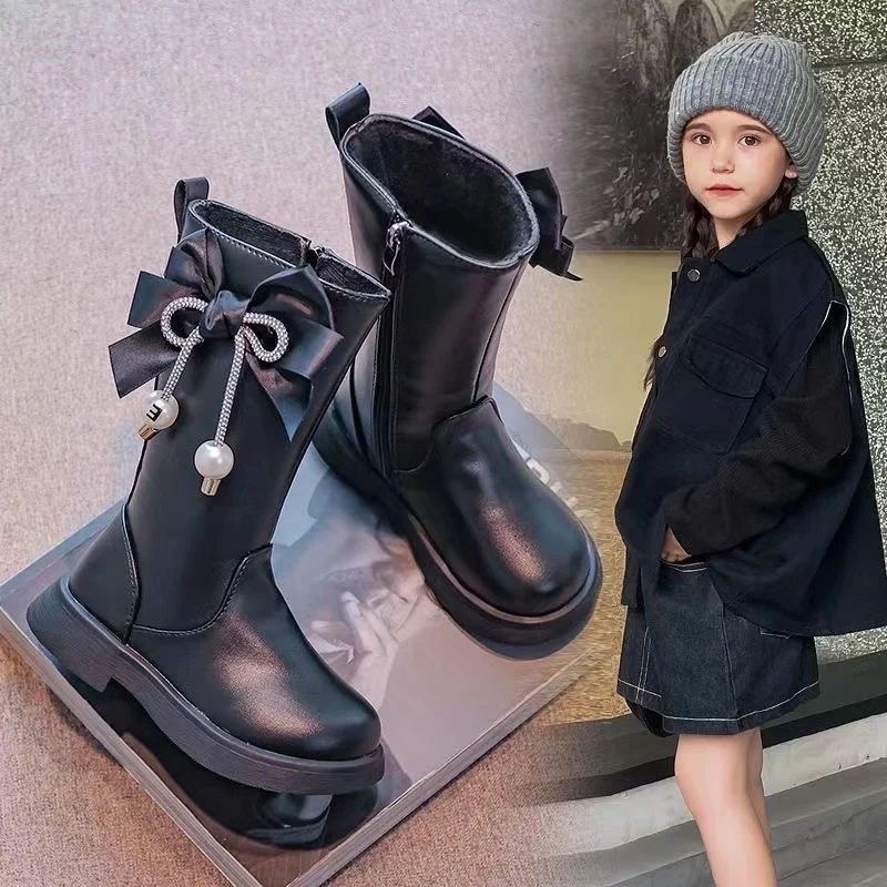 

2023 Autumn Winter Girls Versatile Black Bow Tassels Pearls Children Mid-calf Boots for Catwalk Zipper Casual Warm Boots