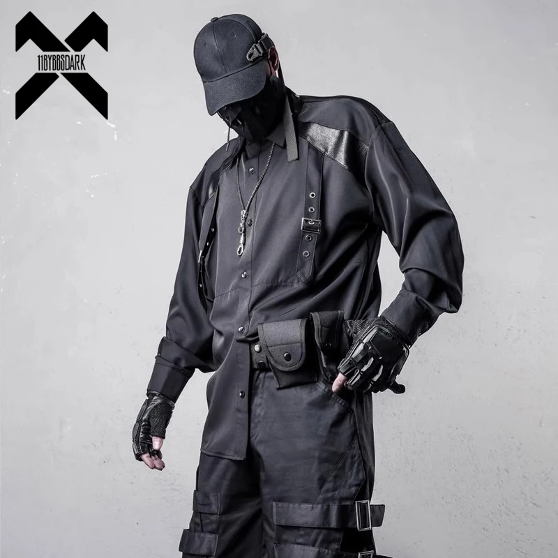 Men Functional Long Sleeve Shirts 2025 Spring Tactical Patchwork Shirt Coat Hip Hop Streetwear Men Black Tops Shirts Clothing