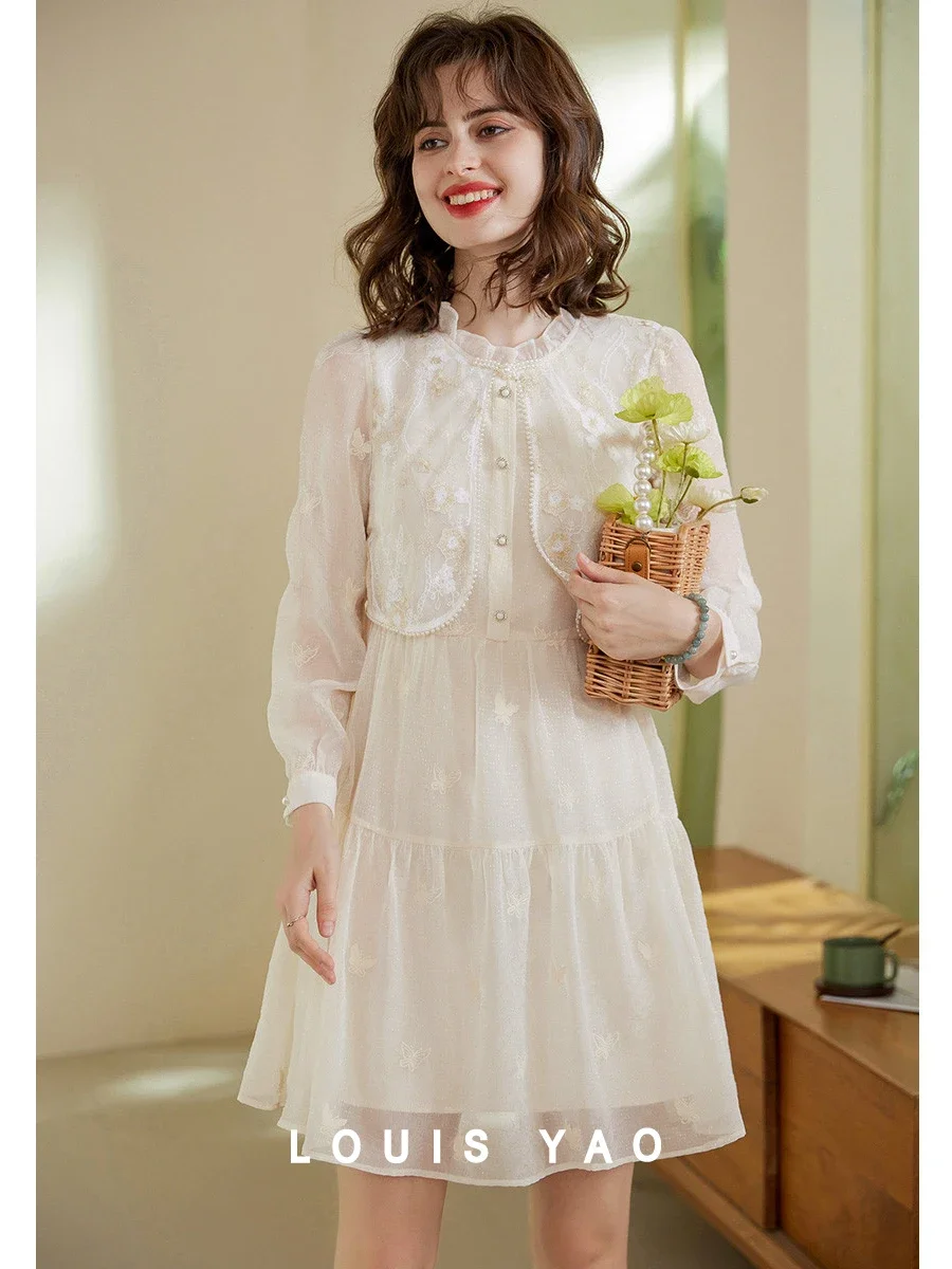 

LOUIS YAO Women Dress 2024 Summer Round Neck Lace Long Sleeve Beading A-LINE Sweat Apricot Dress