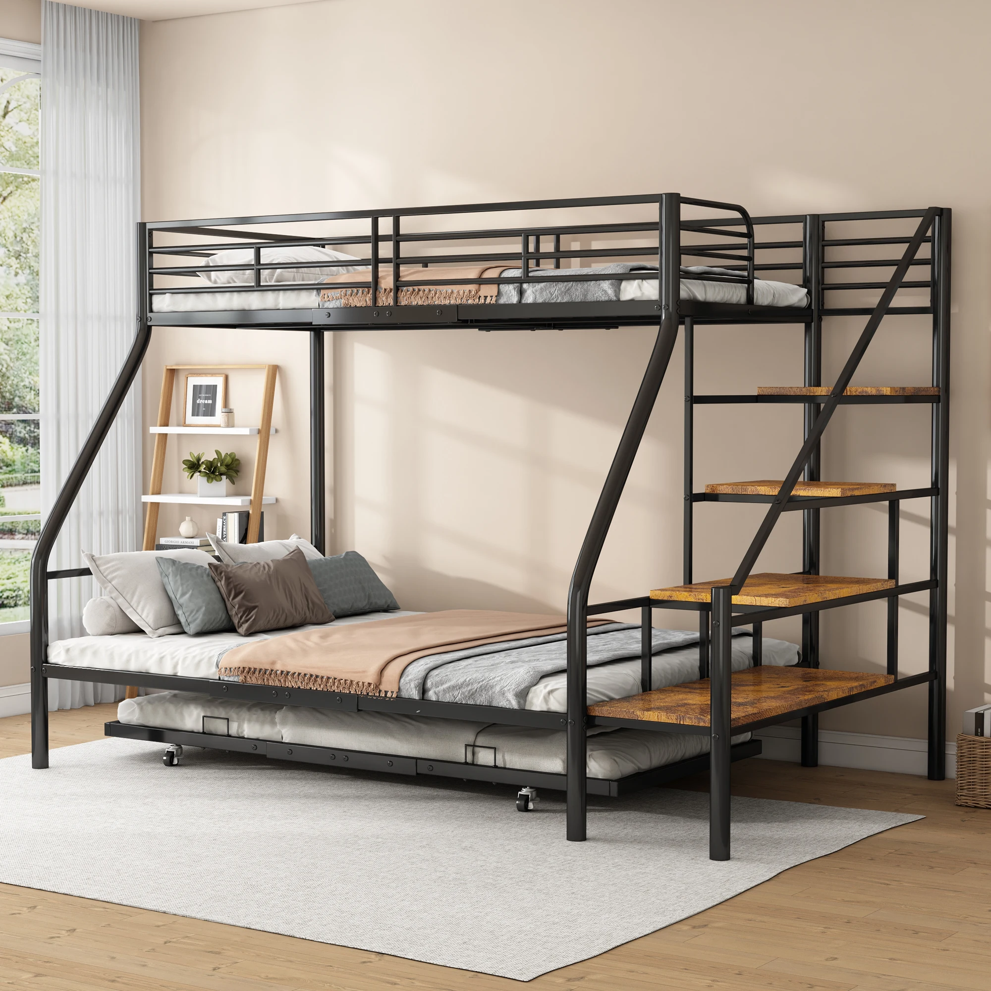 Bunk bed 90x200 cm Black Metal Bed with pull-out bed storage ladder for children, teenagers and adults