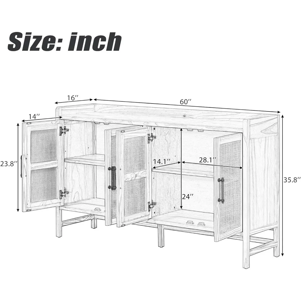 Rustikales Sideboard, Holzschrank mit dekorativen Rattantüren und verstellbaren Regalen, Aufbewahrungsschrank für den Eingangsbereich