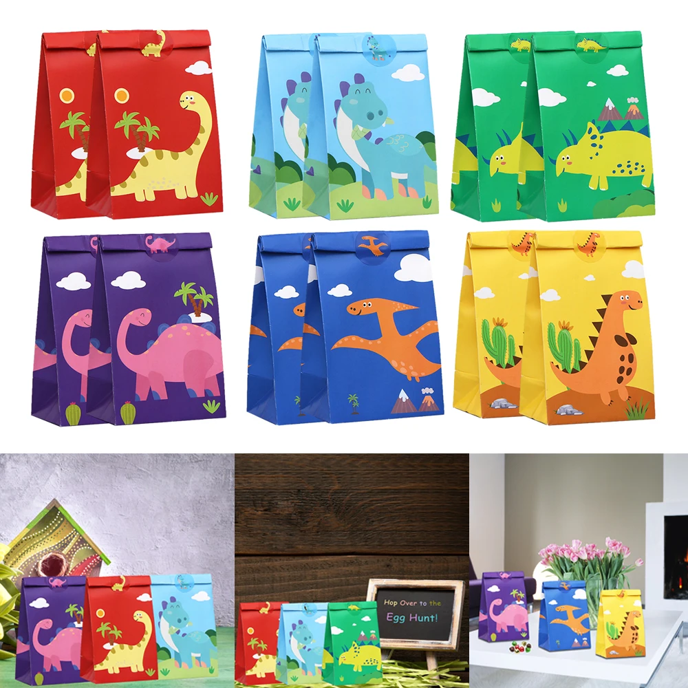 12PCS Kraft Paper Child Pouches Dinosaur Gift Bags with Stickers Candy Treat Bag for Dinosaur Themed Party Baby Shower Supplies