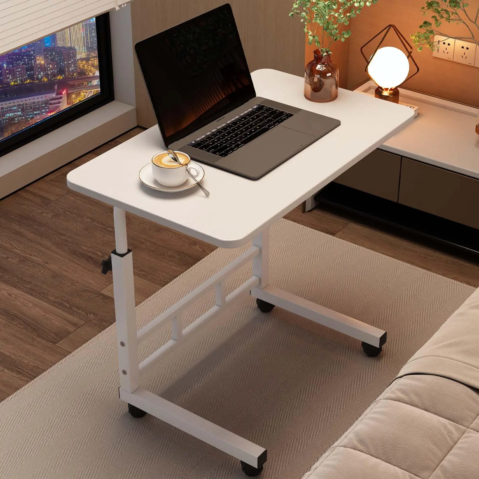 Adjustable Height Standing Desk With Wheels, Mobile C Shaped Laptop Table, Rolling Computer Workstation For Home Office Bed Sofa