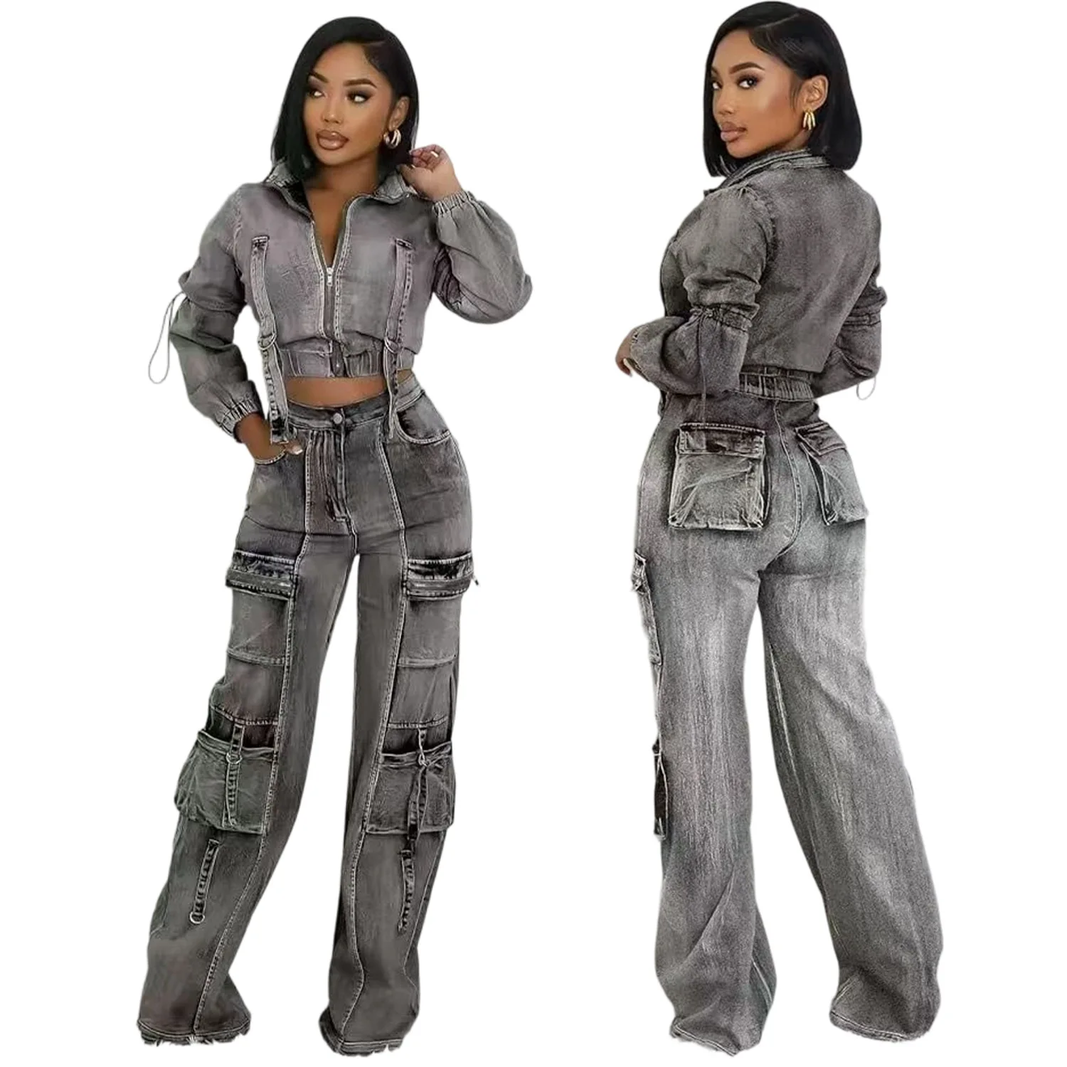 

Women Set Fall Winter Fashion Elastic Denim Crop Jacket And Pockets Baggy Cargo Jeans Casual Two Piece Sets Women Denim Outfits