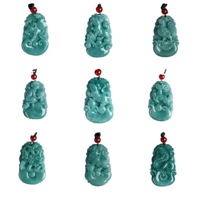 

Burmese Emerald Jade Blue Water Jadeite Chinese Zodiac Pendant Designer Charm Gemstone Talismans Carved Amulet Necklace Luxury