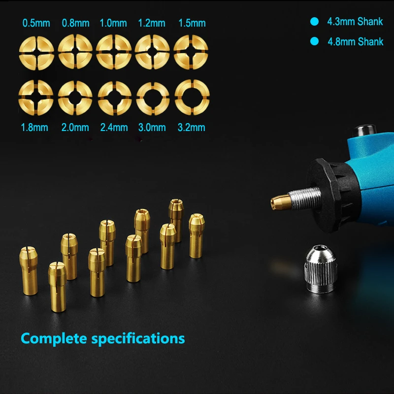 XCAN-Mini Portabrocas de taladro, adaptador de mandril de latón con vástago de 10 piezas, 0,5-3,2mm, 4,3/4,8mm, accesorio para herramienta rotativa