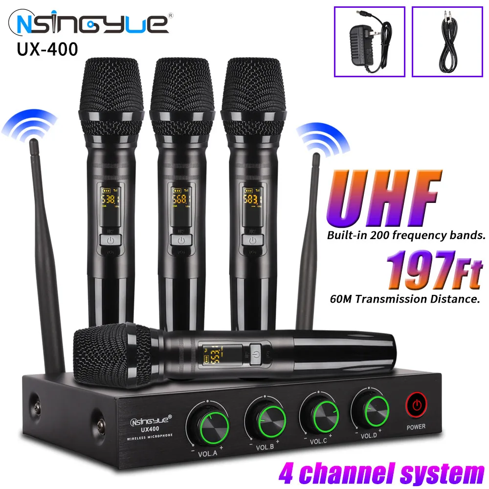 

4 Channel Wireless Microphone System UHF Handheld Dynamic Microphone for Home Karaoke Singing Loudspeaker Speech,UX-400