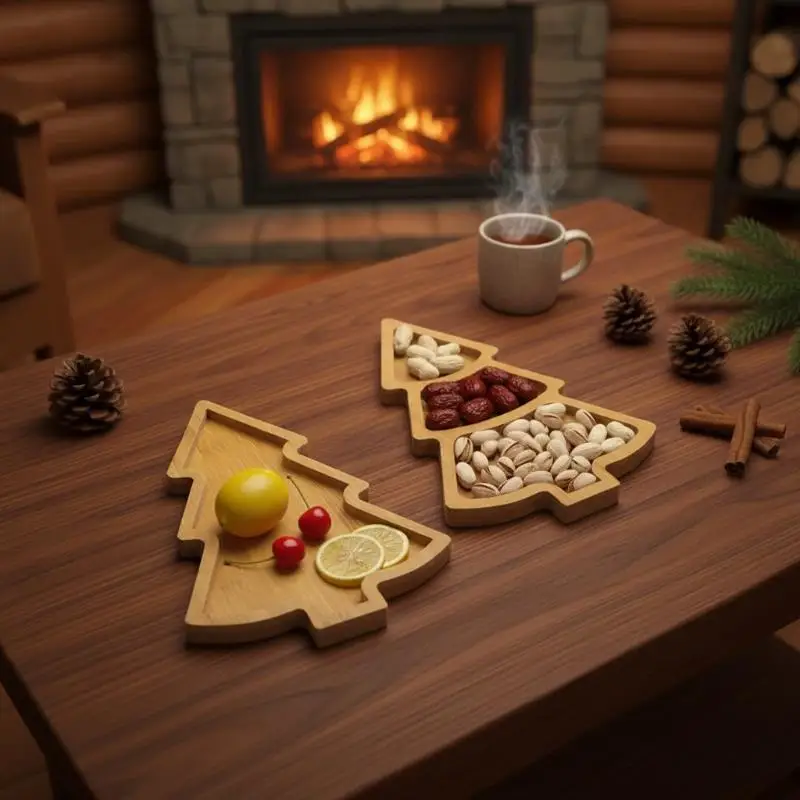 Christmas Tree Shape Wooden Serving Tray For Candy Snack Nut Dried Fruit Desktop Breakfast Plate Home Party Supply