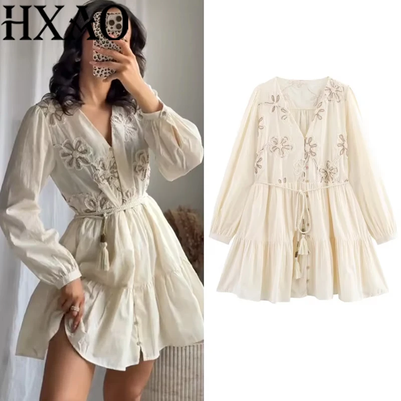 HXAO Elegante Partykleider für Damen, 2025, Frühling, langärmelig, kurze Kleider, modisch, lässig, neue Y2k-Blumen-Minikleider, Vestidos