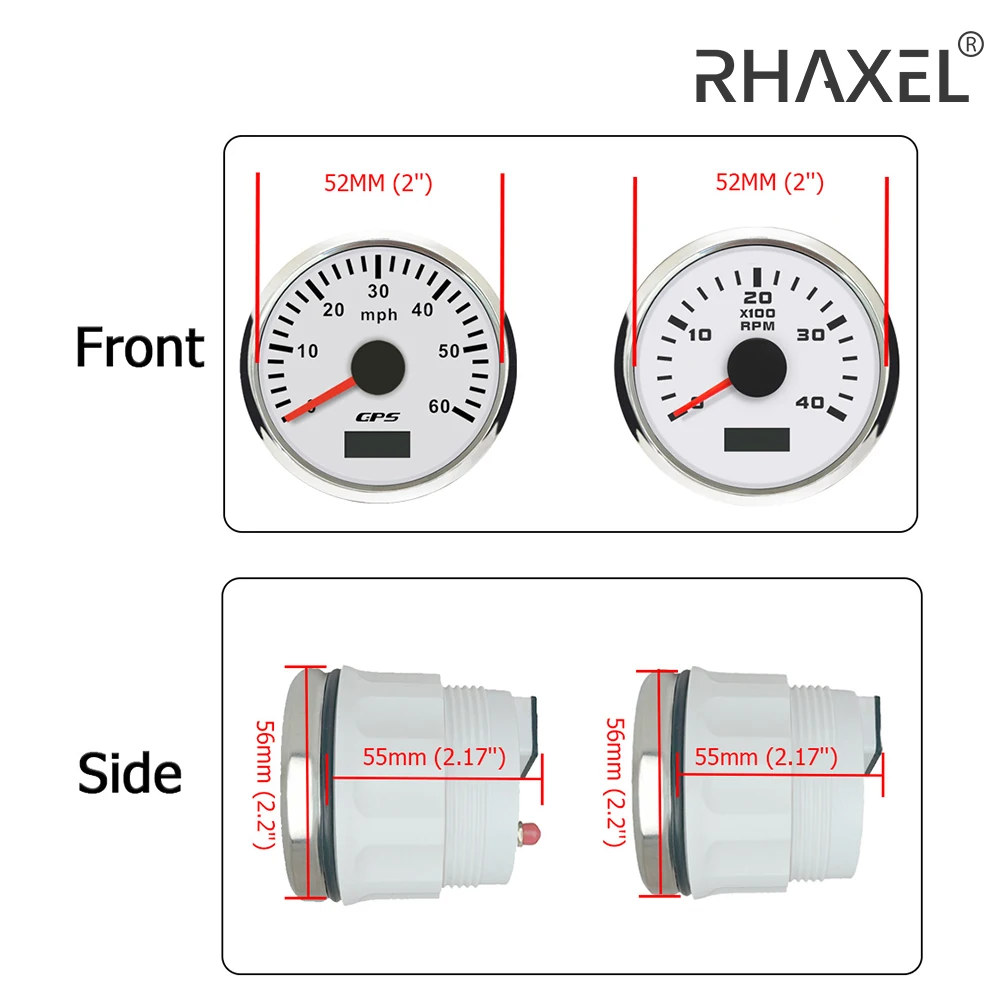 RHAXEL Gauge Kit 52mm Speedometer GPS 30MPH Odometer Tachometer 3000RPM 12V 24V with GPS Antenna Hour Meter Universal 12V 24V