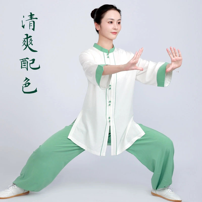 Tai Chi Suit Women New Fashion High End Linen Cotton Summer Thin Practice Morning Exercise Ba Duan Jin Contrast Color Set