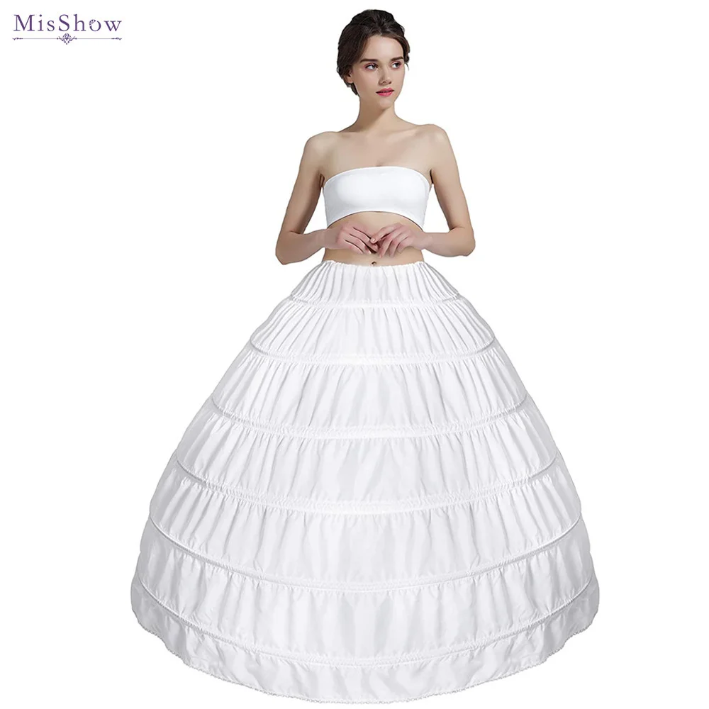 MisShow Puffy 6 Adjustable Hoops Women Petticoat White Floor Length Crinoline Underskirt for Ball Gown Bridal Wedding Dress