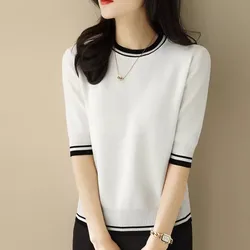 Female Korean New Round Neck Short Sleeve T-shirt Women's Underlay Fashion Half Sleeve Knitted Top Thin and Fashionable Pullover