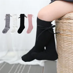 Autumn Kids Knee High Socks Baby Girls Bowknot Flat Long Sock Soft Cotton Solid Children Princess Socken For 0-7 Years