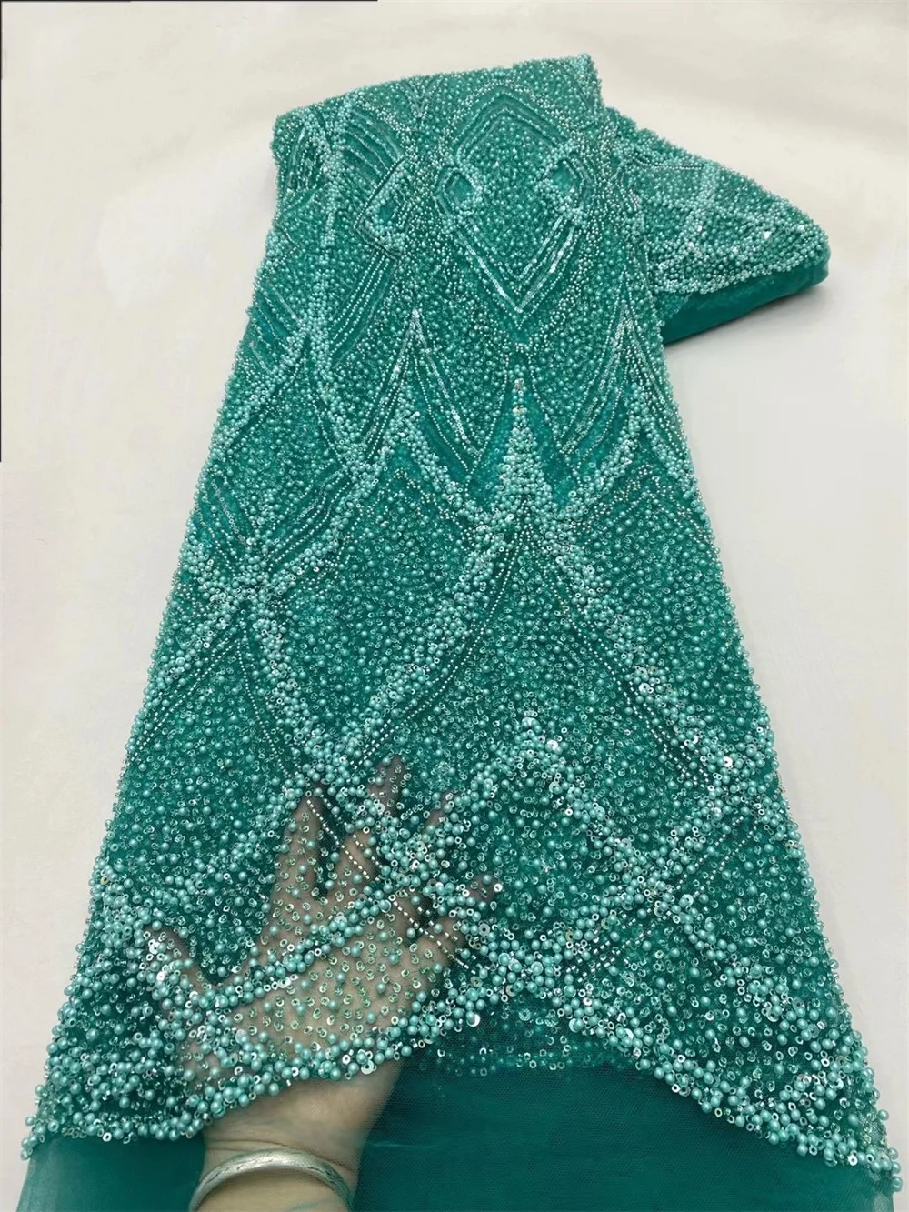 Fashion African Fabric Lace High Quality 2024 Luxury Fabric Teal Green Embroidered Beaded Lace 2024 For Nigerian Wedding Wp773-2