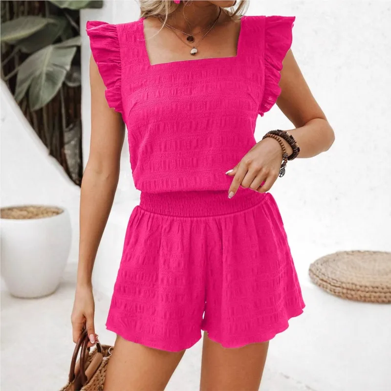 2026 New Summer Women's Shorts Set Small Fly Sleeves And Square Collar Casual Loose Fashion Comfortable And Versatile Shorts Set