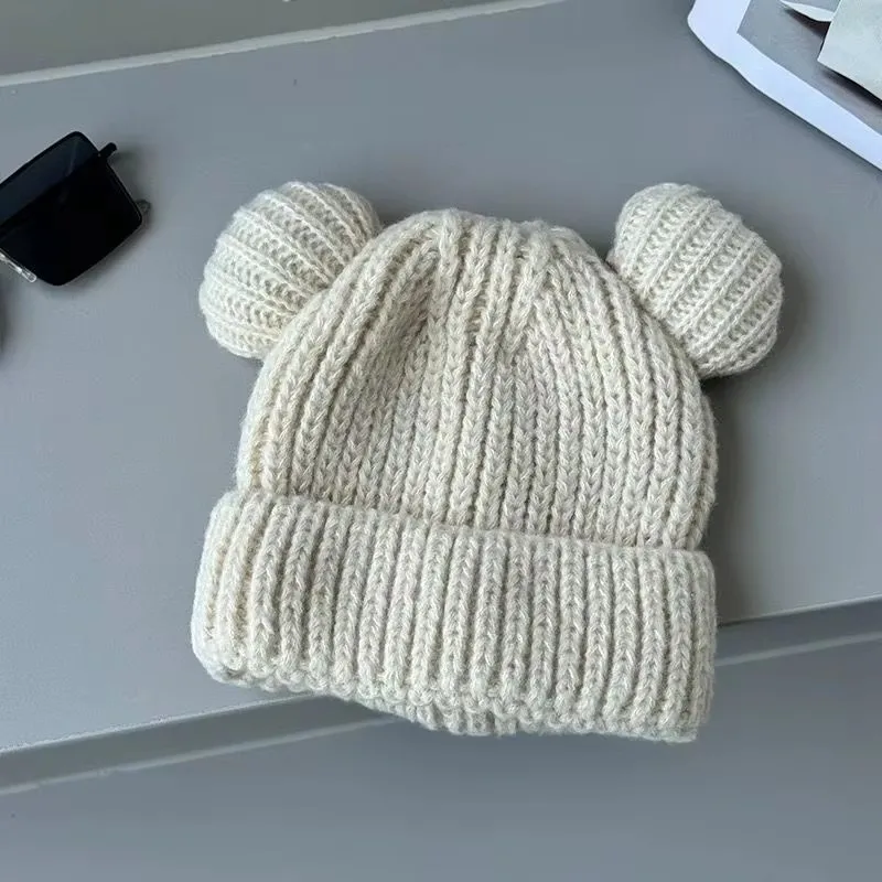 Children\'s cute bear ear knitted hat baby wool hat foreign style solid colour boys and girls pullover hat cute